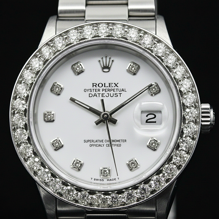 Cadran blanc personnalisé diamant grande lunette Rolex Datejust montre en acier inoxydable