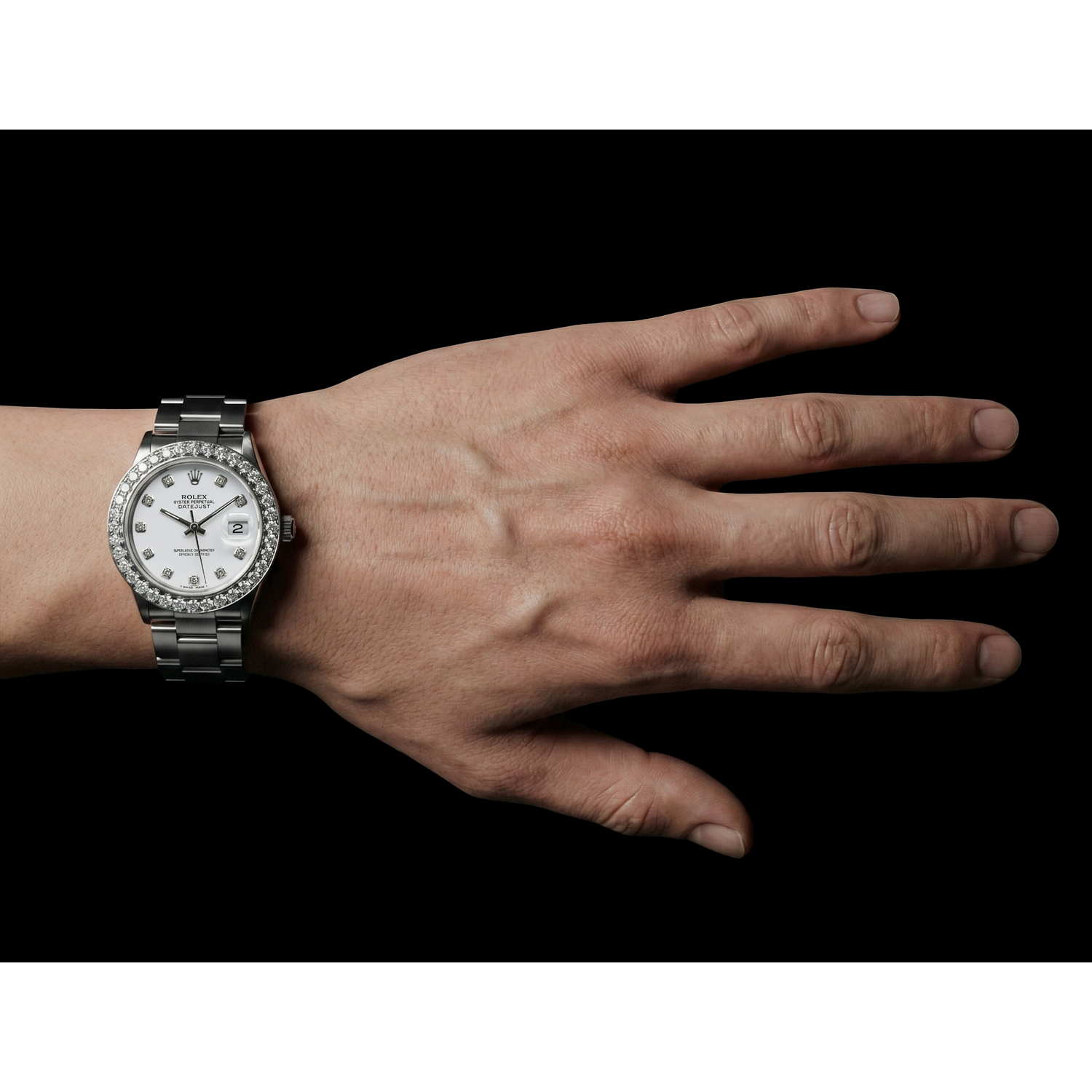Cadran blanc personnalisé diamant grande lunette Rolex Datejust montre en acier inoxydable