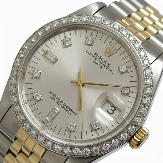 Cadran diamant argenté lunette Rolex Date hommes regarder acier inoxydable jubilé Bracelet