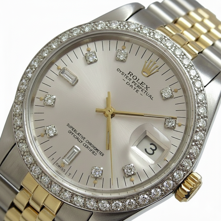 Cadran diamant argenté lunette Rolex Date hommes regarder acier inoxydable jubilé Bracelet