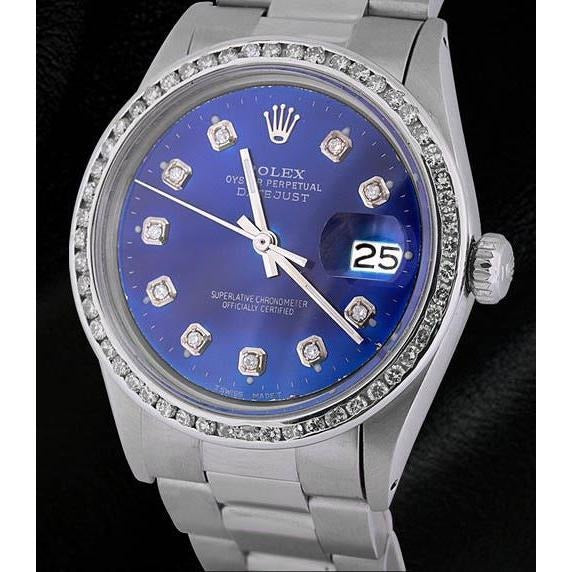Cadran diamant bleu étincelant lunette Datejust Rolex 
