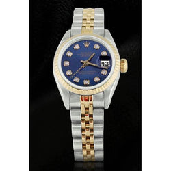 Cadran diamant bleu lunette cannelée montre Rolex Datejust acier inoxydable & jubilé d'or