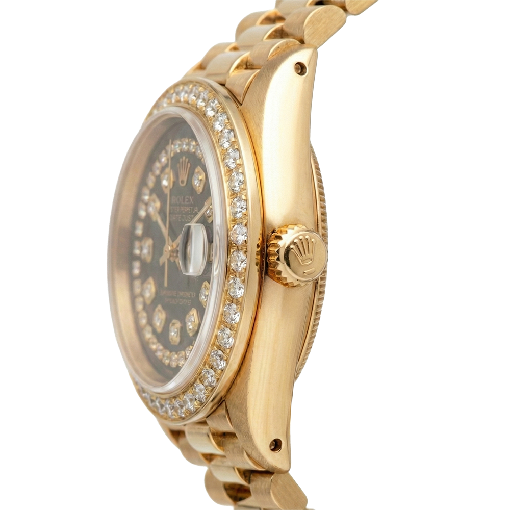 Cadran en diamant à chaîne noire Regarder Rolex Presidente Lunette en diamant Datejust