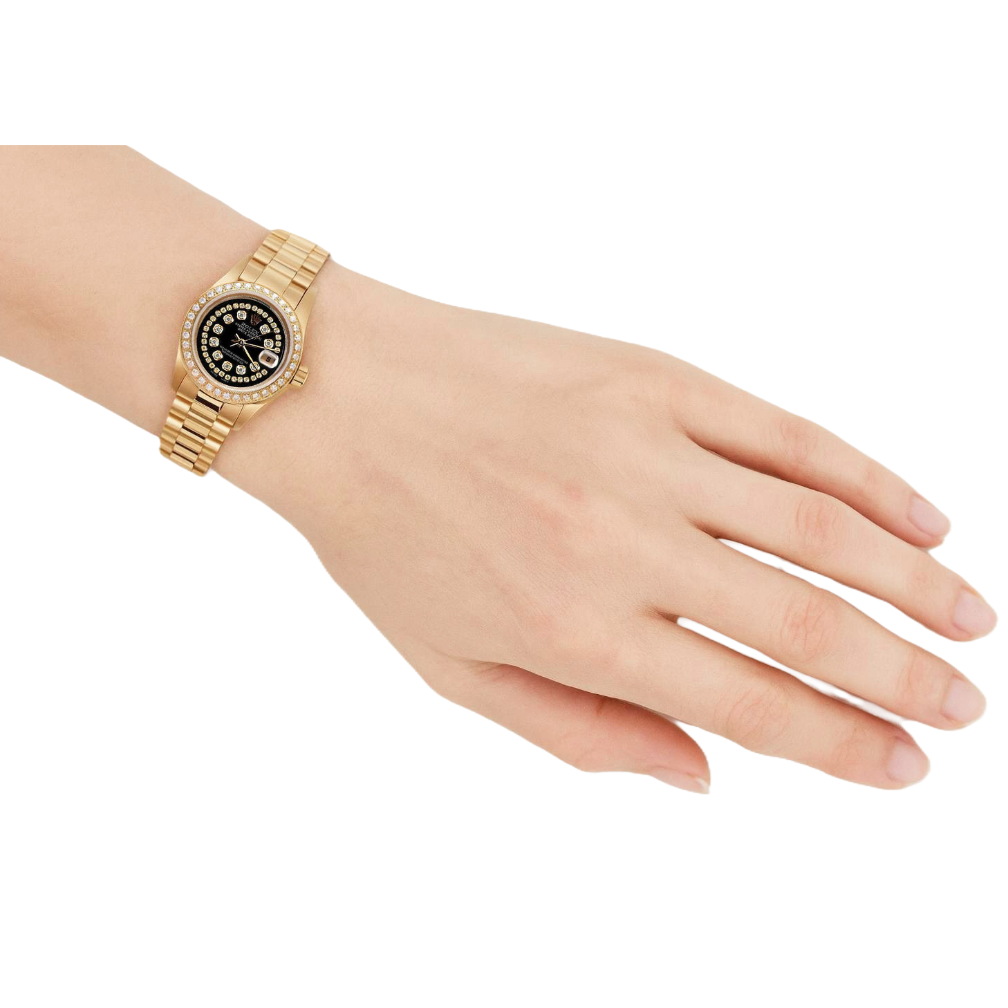 Cadran en diamant à chaîne noire Regarder Rolex Presidente Lunette en diamant Datejust