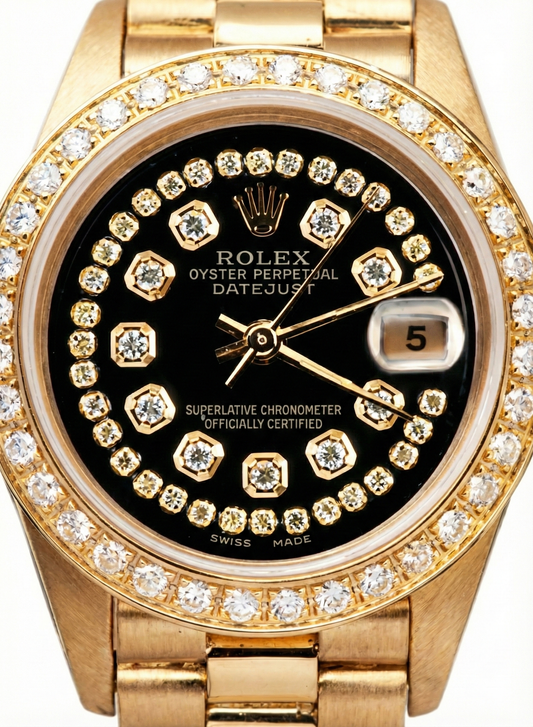 Cadran en diamant à chaîne noire Regarder Rolex Presidente Lunette en diamant Datejust