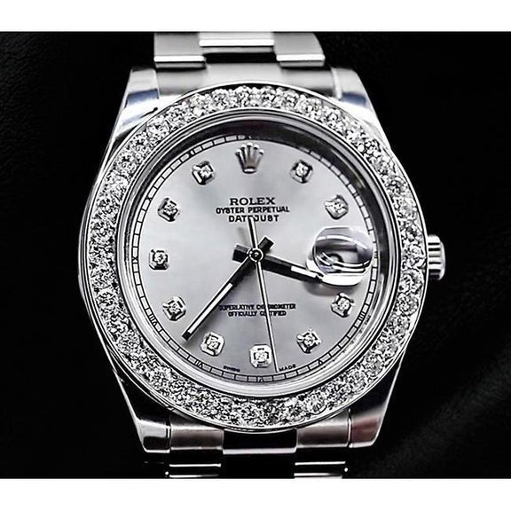 Cadran en diamant argenté et lunette en diamant personnalisée Montre Rolex Datejust Ii pour homme