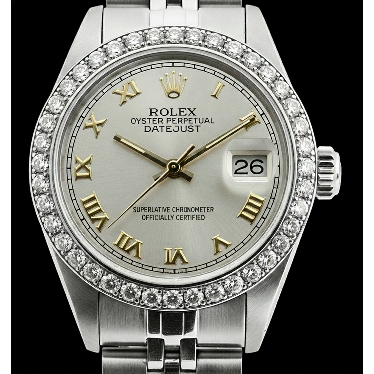 Cadran romain blanc Bracelet Rolex pour femme Datejust Lunette diamant