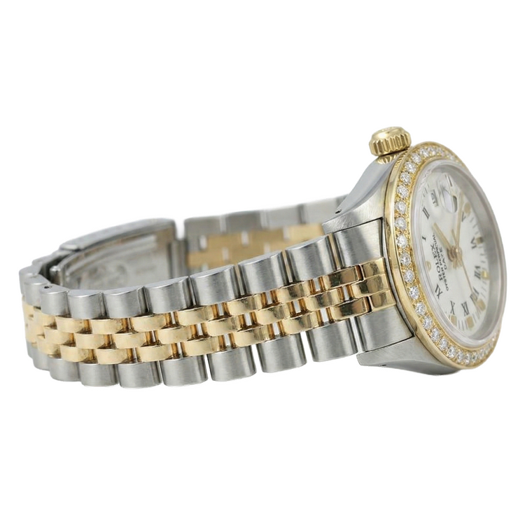 Cadran romain blanc lunette diamant Rolex Date montre femme deux tons jubilé