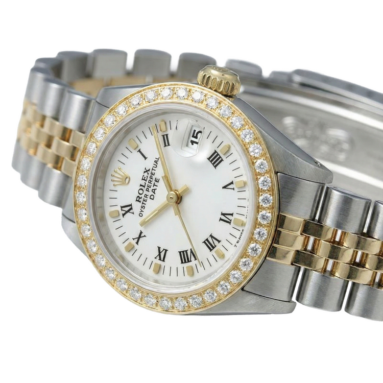 Cadran romain blanc lunette diamant Rolex Date montre femme deux tons jubilé