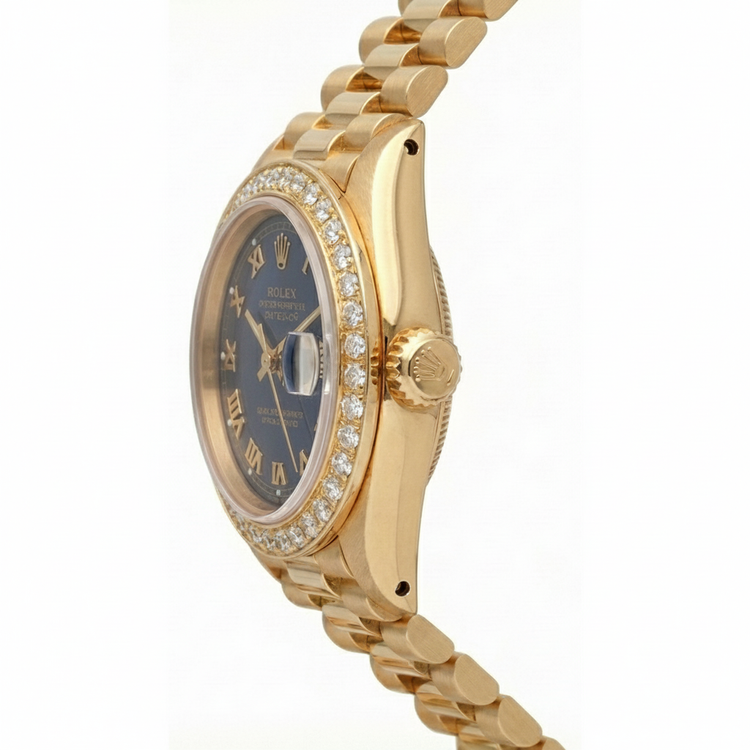 Cadran romain bleu Rolex Datejust Montre de still présidentiel Lunette en diamant