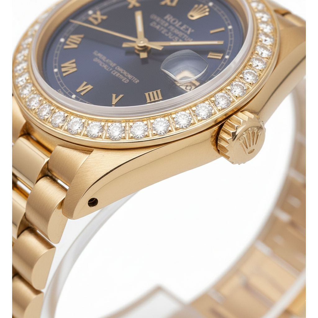 Cadran romain bleu Rolex Datejust Montre de still présidentiel Lunette en diamant