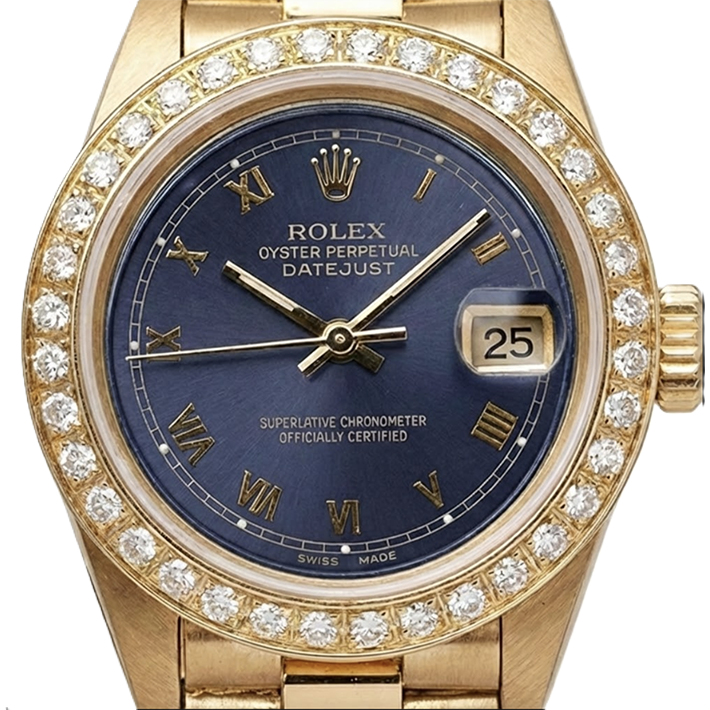 Cadran romain bleu Rolex Datejust Montre de still présidentiel Lunette en diamant