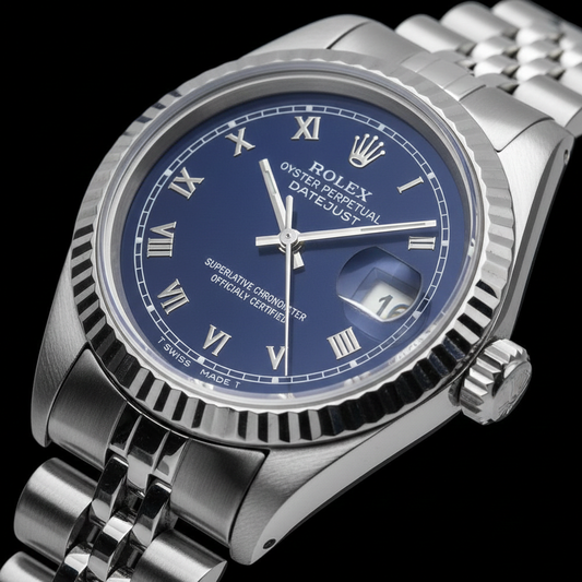 Cadran romain bleu lunette cannelée dames date juste montre rolex acier inoxydable