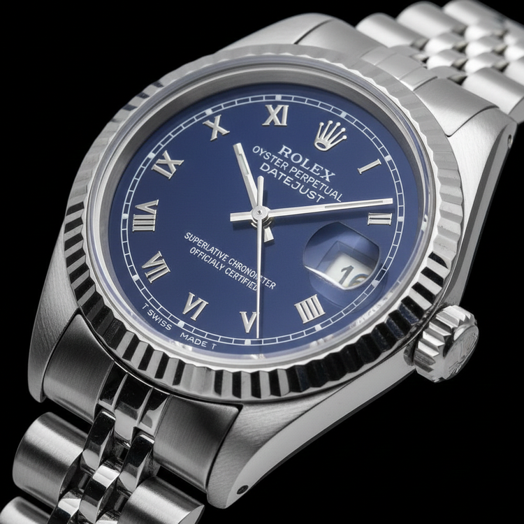 Cadran romain bleu lunette cannelée dames date juste montre rolex acier inoxydable
