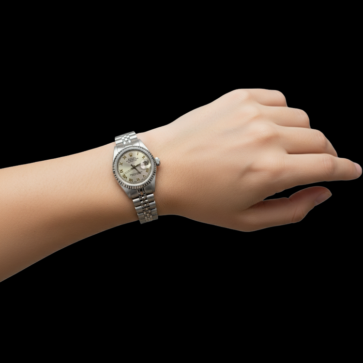 Cadran romain gris Rolex Datejust Femme Lunette jubilé acier inoxydable