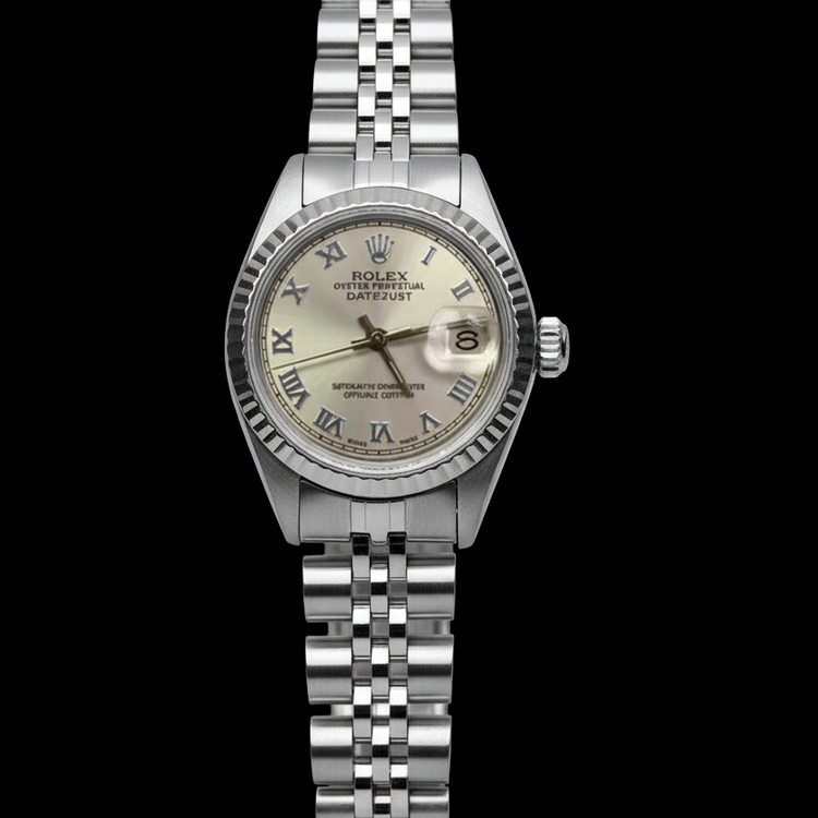 Cadran romain gris Rolex Datejust Femme Lunette jubilé acier inoxydable