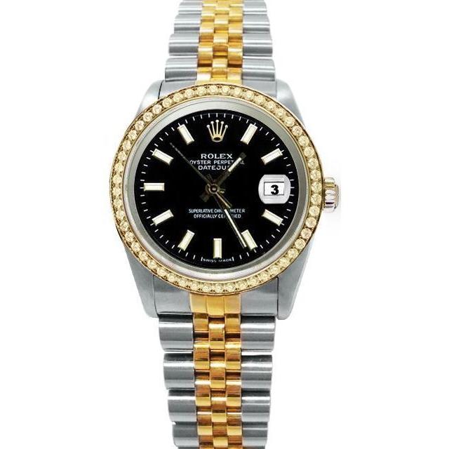 Cadran bâton noir Montre Rolex Datejust Lunette en diamant Or & SS réglage rapide