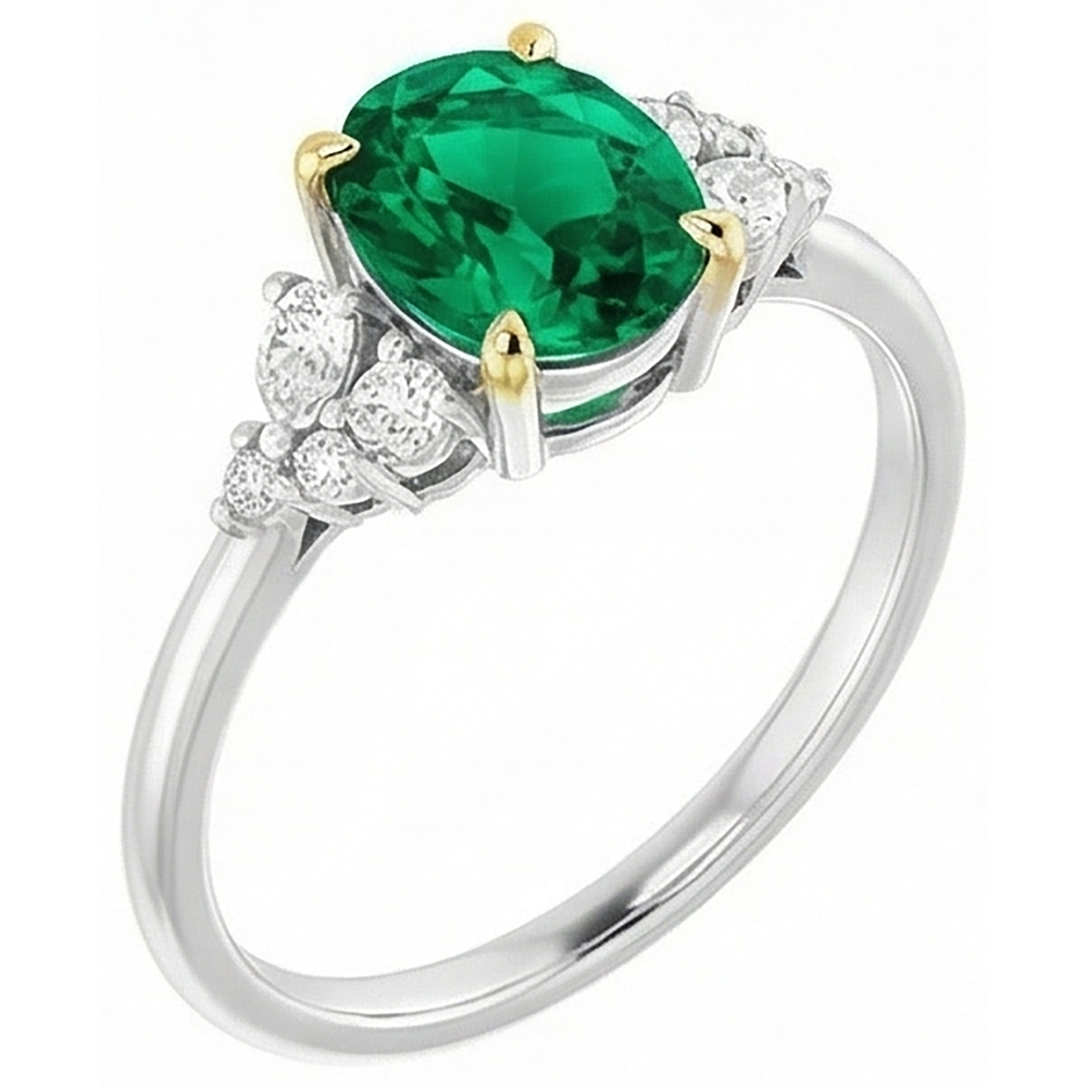 Taille Ovale Émeraude bague en Or 14K Bicolore – vue d'angle