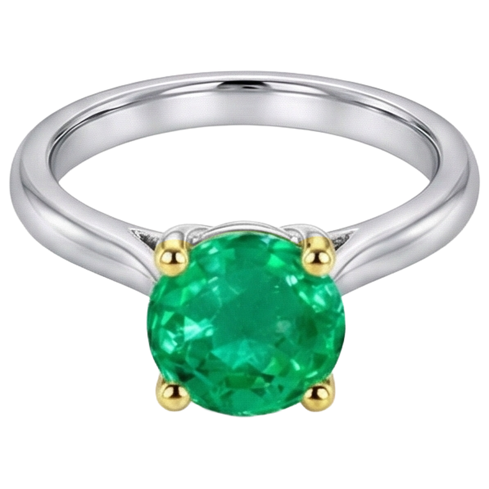 Taille Brillant Émeraude Colombienne bague en Or Bicolore 14 Carats – vue d'angle