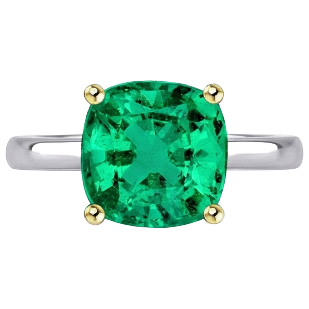 Émeraude Coussin Bague Pierre Précieuse en Or Deux Tons 14 Carats – vue de face