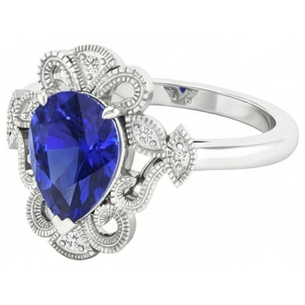 Saphir Bleu Royal Goutte Bague avec Gemme en Or Blanc 14 Carats – vue de côté