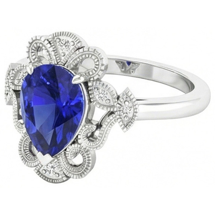 Saphir Bleu Royal Goutte Bague avec Gemme en Or Blanc 14 Carats – vue de côté