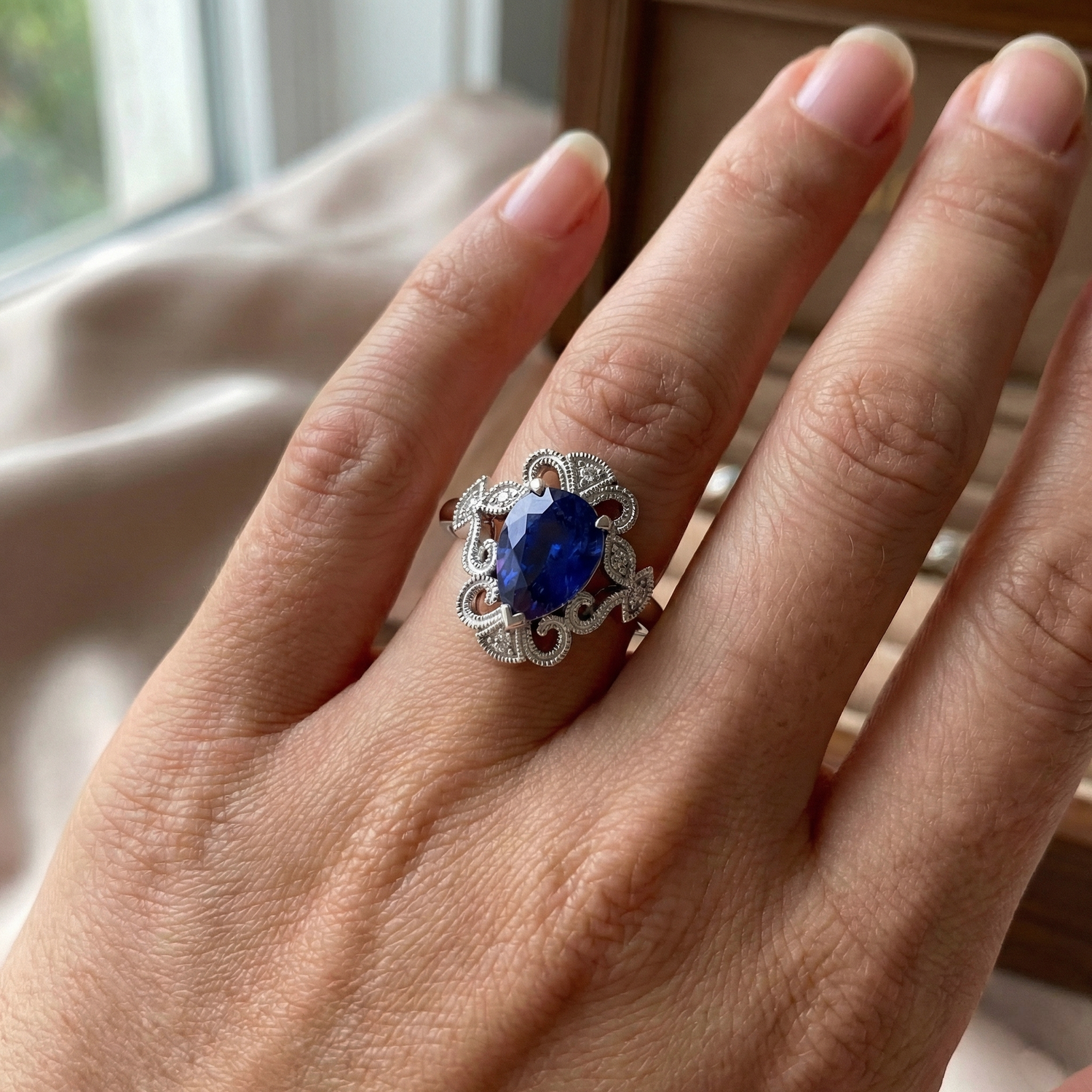 Saphir Bleu Royal Goutte Bague avec Gemme en Or Blanc 14 Carats – vue arrière