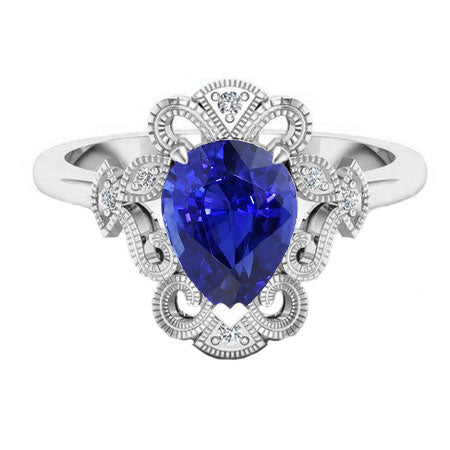 Saphir Bleu Royal Goutte Bague avec Gemme en Or Blanc 14 Carats – vue d'angle
