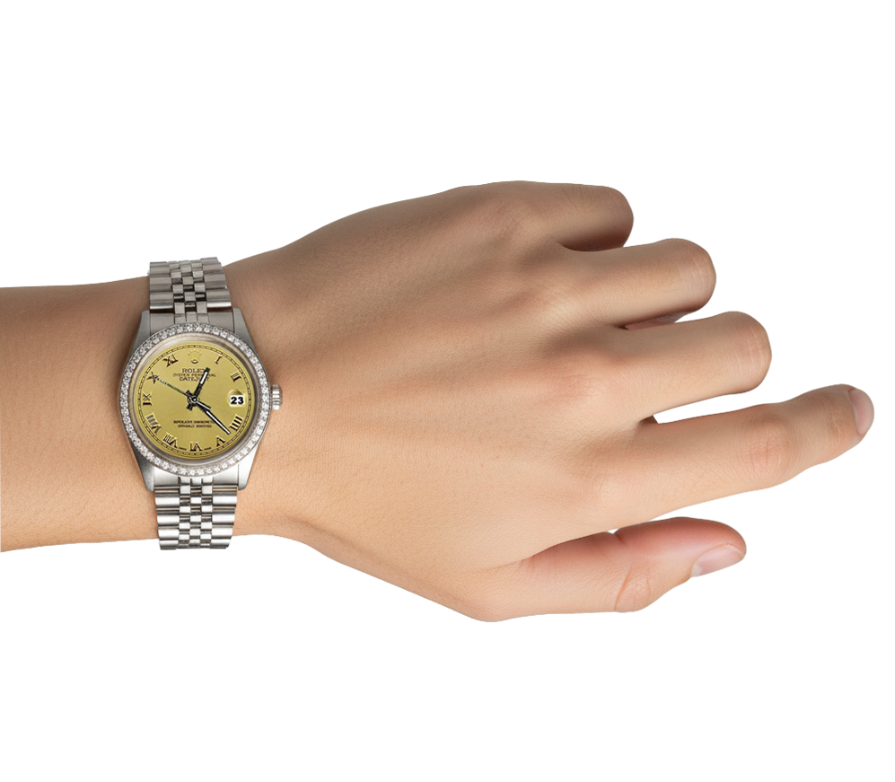 Champagne Cadran Romain Lunette En Diamant Montre acier inoxydable Rolex Datejust réglage rapide