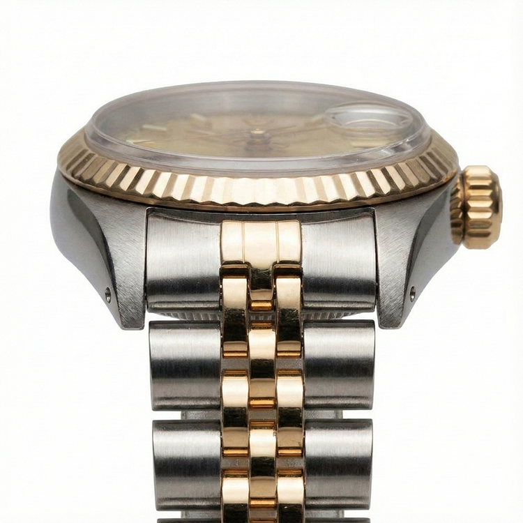 Champagnerfarbenes Zifferblatt, Rolex Date Just Edelstahl und gelbe Damenuhr