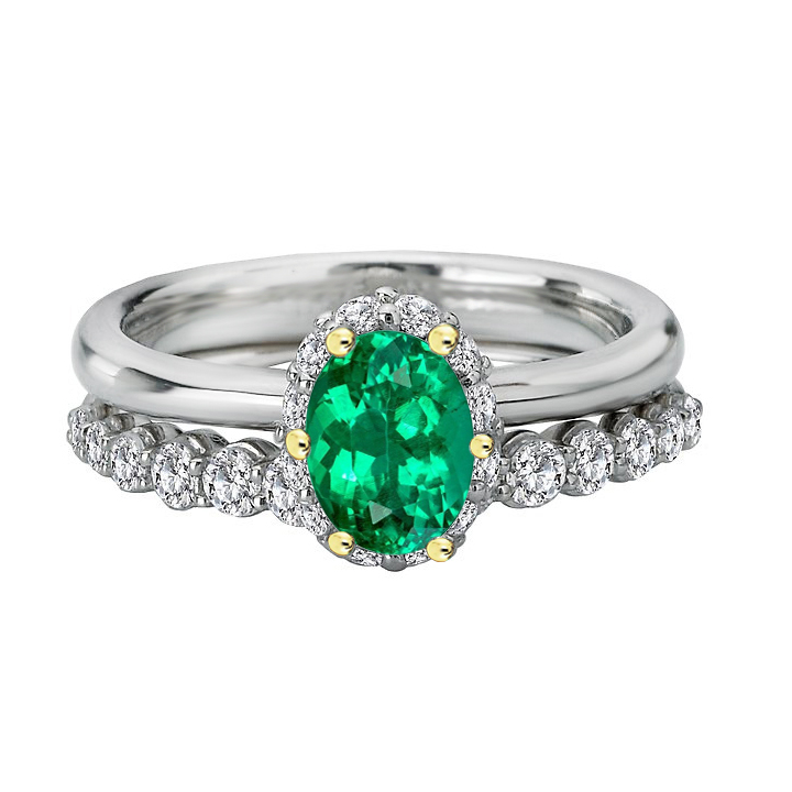 Bague Pierre de Couleur Or Deux Tons 14 Carats avec Émeraude – vue principale