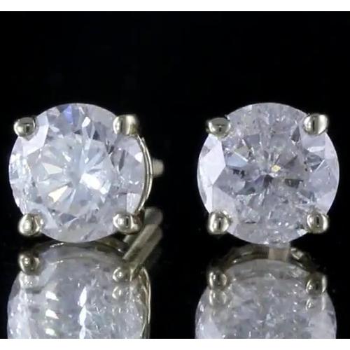 Clous D'Oreilles Naturel Diamant Rond Serti Panier Or Blanc 14K G Si1