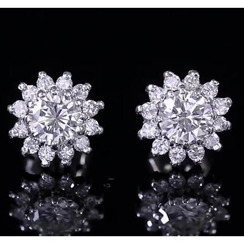 Clous d'Oreilles Réel Diamant Rond Halo Or Blanc 14K 1.75 Carats