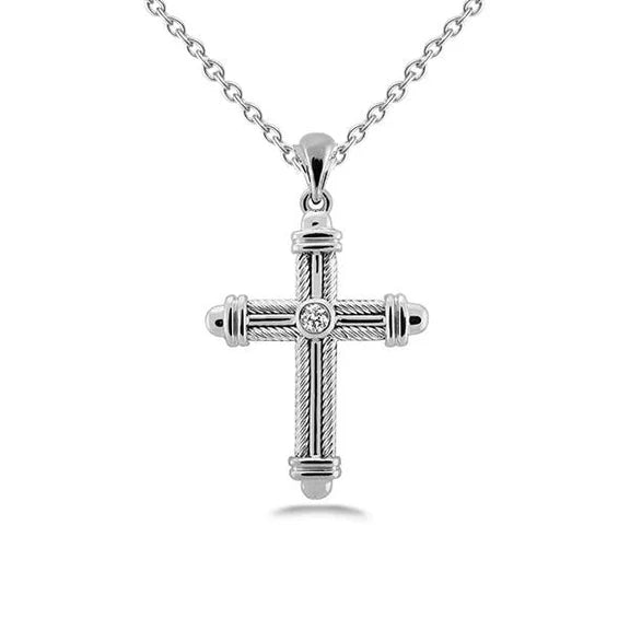 Collier Croix Avec Pendentif Réel Diamant Taille Brillant Rond 1.0 Carat WG 14K