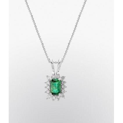 Collier Emeraude Vert et Diamant Pierres Précieuses 4.50 Carats Or Blanc 14K