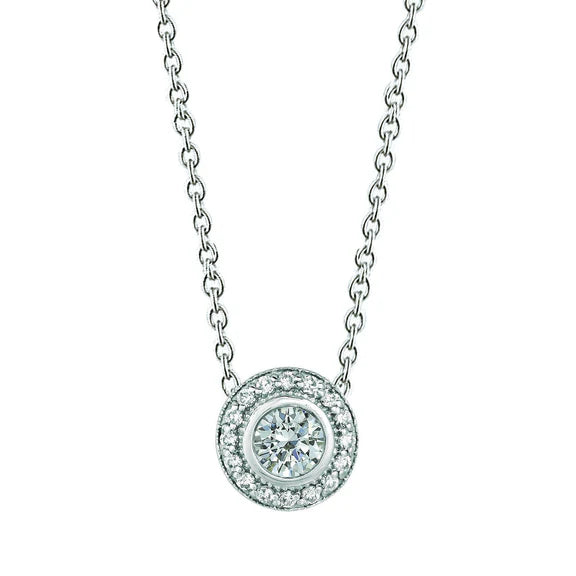 Collier Halo Réel Diamant Pendentif Millgrain 0.75 Carats Or Blanc 14K