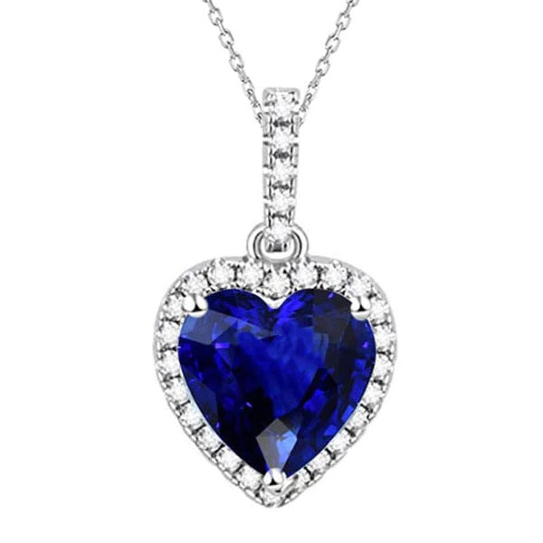 Collier Pendentif Coeur Saphir Bleu & Diamant Femme 5.50 Carats