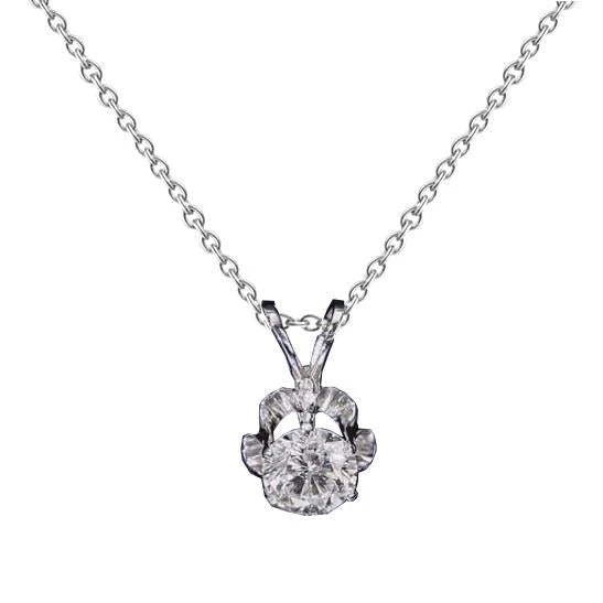 Collier Pendentif Fleur Solitaire Rond 1 Carat Réel Diamant Or Blanc 14K