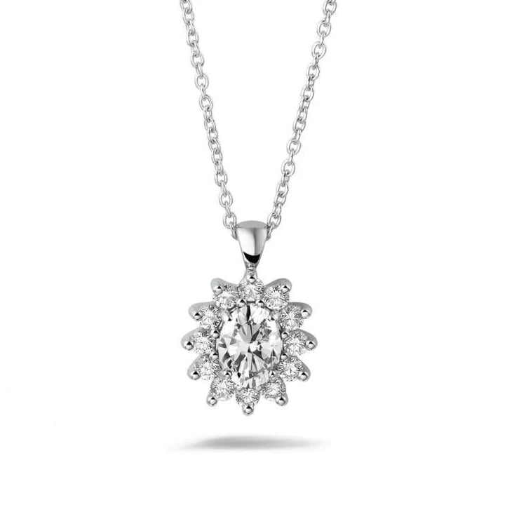 Collier Pendentif Halo Réel Diamant Ovale Avec Chaîne 2 Carats Or Blanc 14K