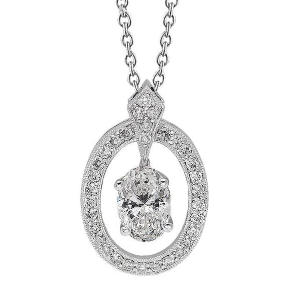 Collier Pendentif Halo Réel Diamant Ovale et Rond 2.25 Carat Or Blanc 14K