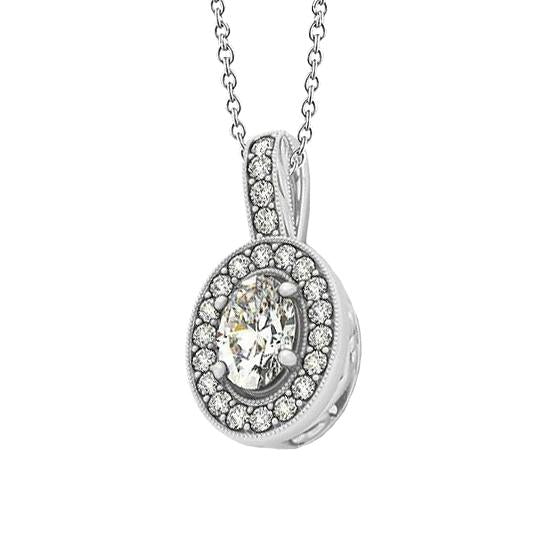 Collier Pendentif Naturel Diamant Ovale & Rond 1.50 Carats Sans Chaîne WG 14K