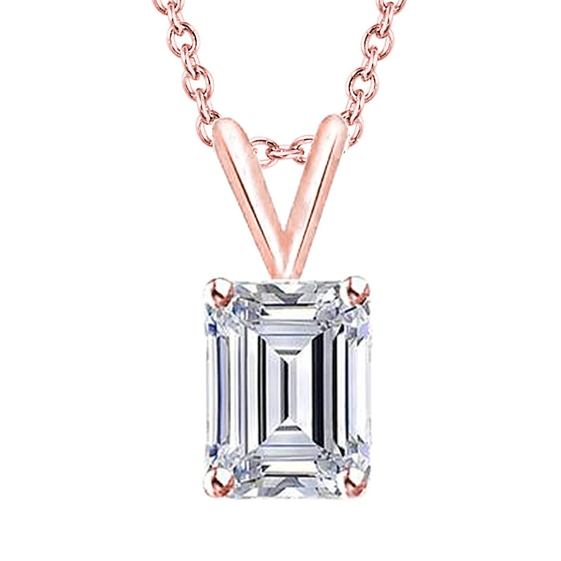 Collier Pendentif Naturel Diamant Taille Emeraude En Or Rose 14 Carats 2 Carats
