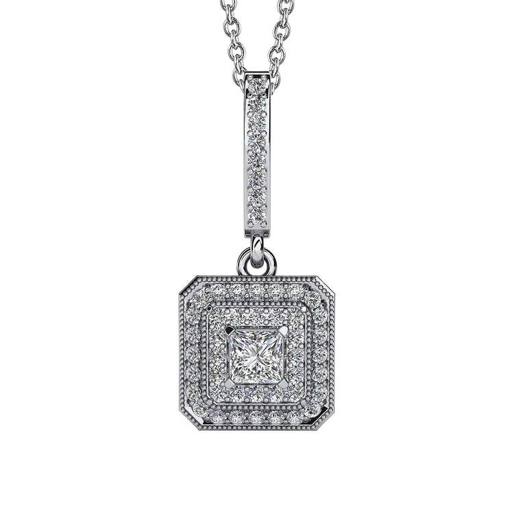 Collier Pendentif Naturel Diamant Taille Princesse Et Rond 2.48 Carats En Or Blanc 14K