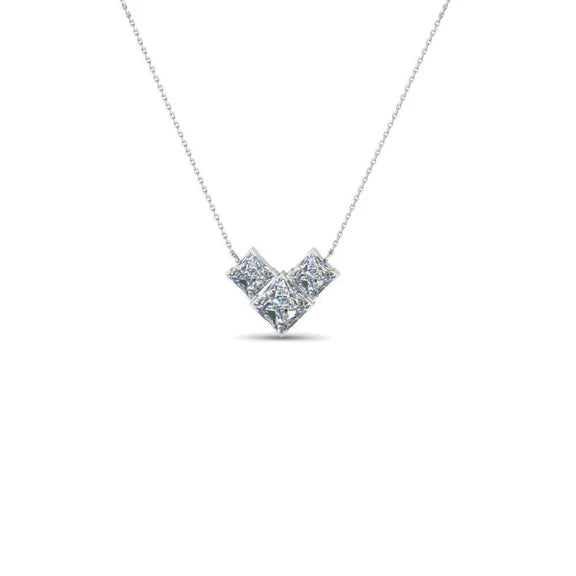 Collier Pendentif Or Blanc 1.5 Carats Réel Diamants Taille Princesse