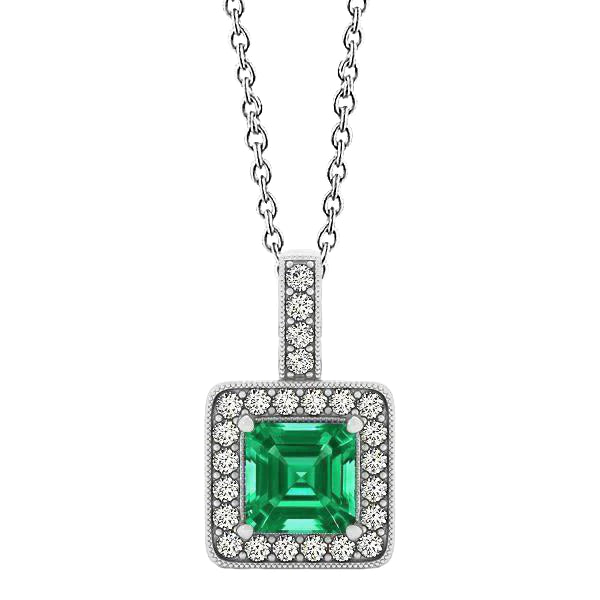 Collier Pendentif Pierres Précieuses 4 Ct Émeraude Vert Taille Asscher Et Diamants Ronds