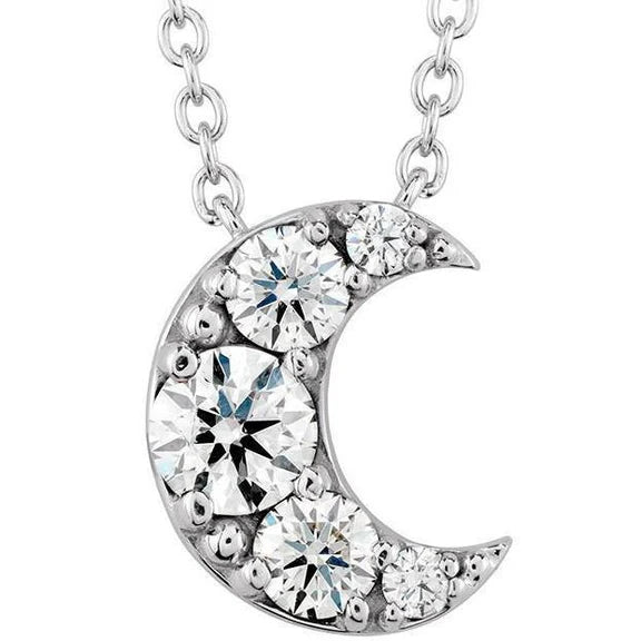 Collier Pendentif Réel Diamant Demi-Lune Coupe Ronde Or Blanc 2,30 Carats 14K