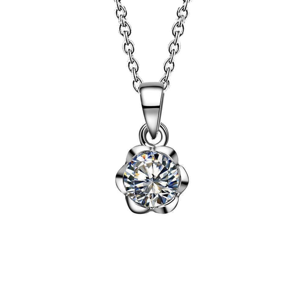 Collier Pendentif Réel Diamant Rond 1 Carat Style Fleur Or Blanc 14K