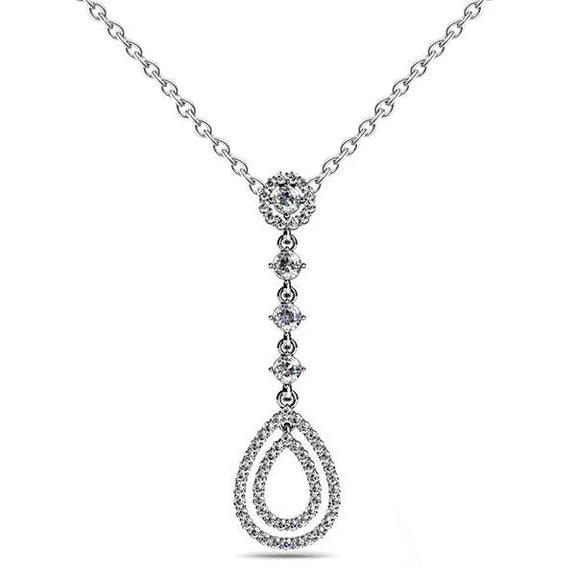Collier Pendentif Réel Diamant Rond Double Goutte 6.0 Carats Or Blanc 14K
