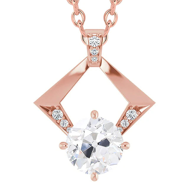 Collier Pendentif Réel Diamant Rond ancienne mine Cut 3.50 Carats Or Rose