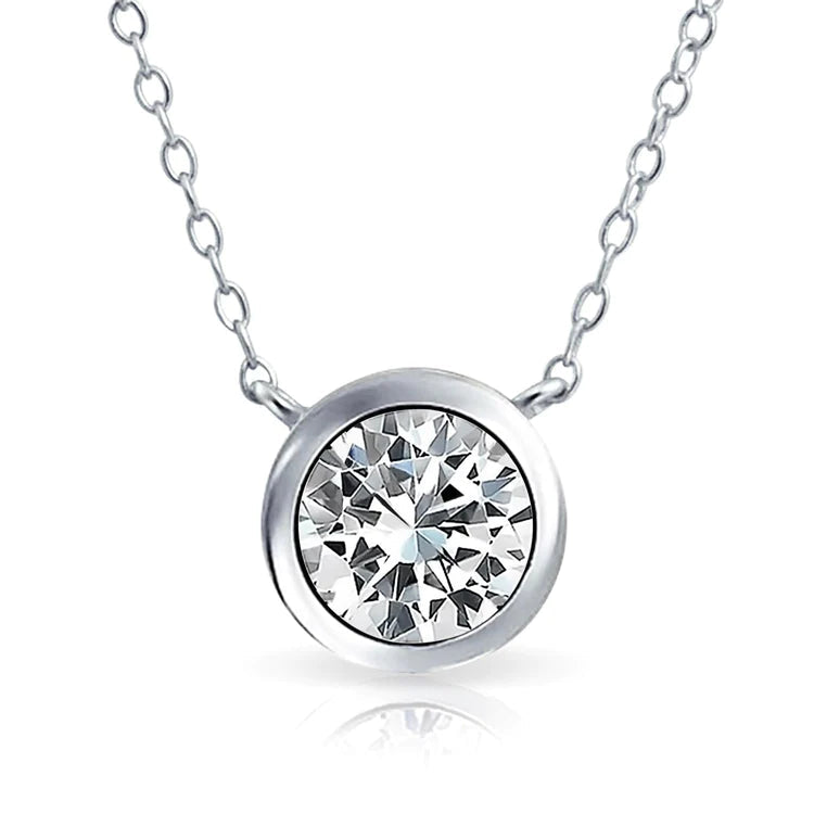 Collier Pendentif Réel Diamant Solitaire Rond 2 Carats Or Blanc 14K